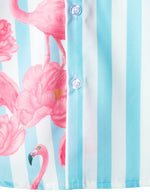 Men's Blue and White Striped Floral Pink Flamingo Print Summer Beach Funny Hawaiian Short Sleeve Shirt