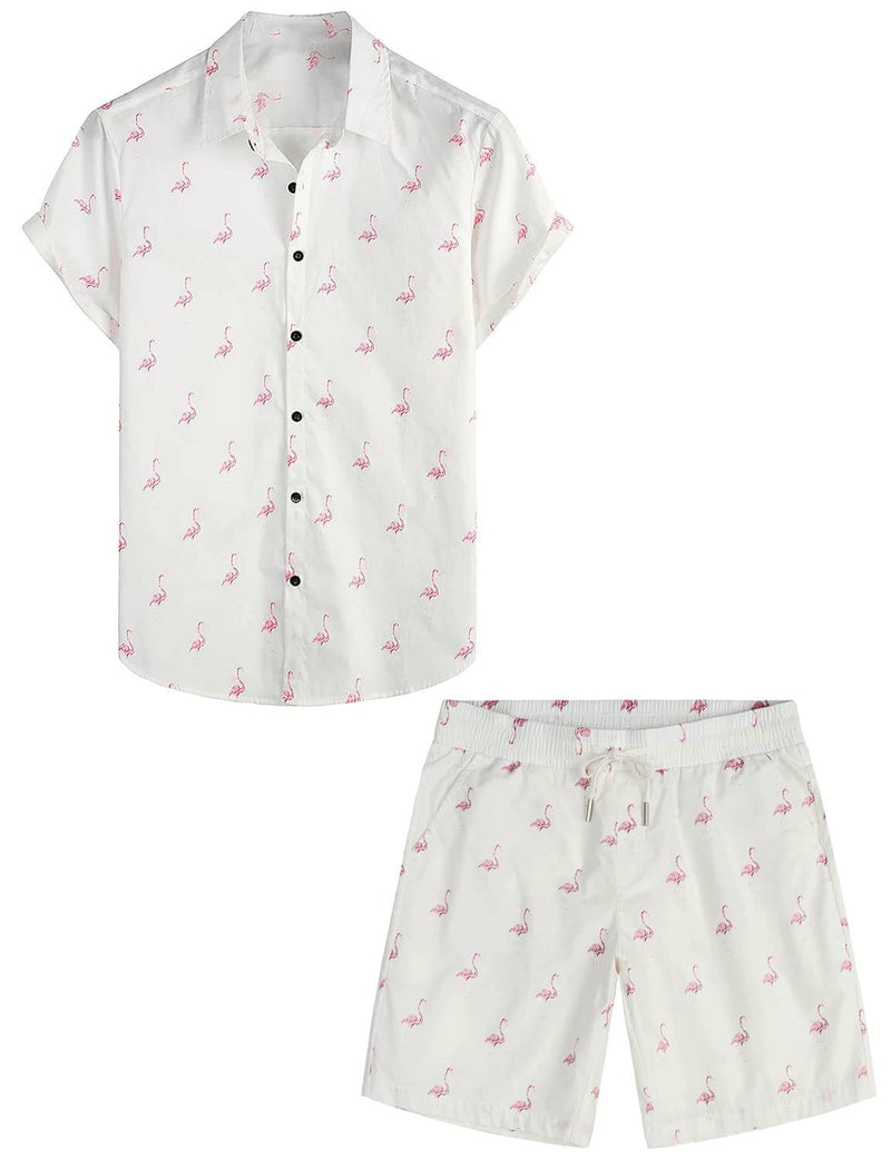 Men's White Flamingo Cotton Beach Button Summer Shirt and Shorts Set