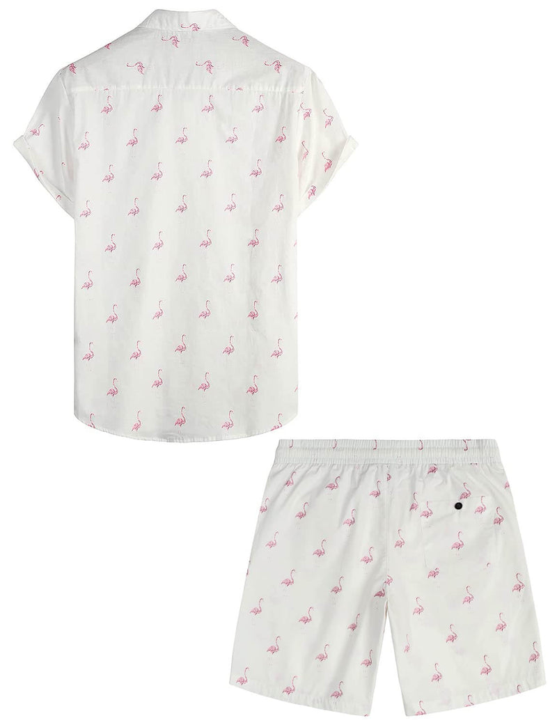 Men's White Flamingo Cotton Beach Button Summer Shirt and Shorts Set