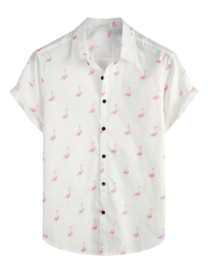 Men's White Flamingo Cotton Beach Button Summer Shirt and Shorts Set
