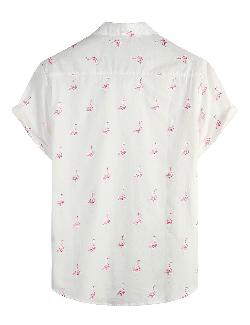 Men's White Flamingo Cotton Beach Button Summer Shirt and Shorts Set
