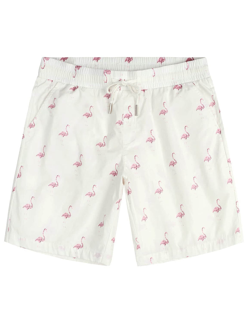 Men's White Flamingo Cotton Beach Button Summer Shirt and Shorts Set