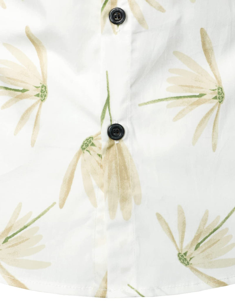 Men's Cotton White Floral Summer Casual Button Up Beach Holiday Short Sleeve Shirt