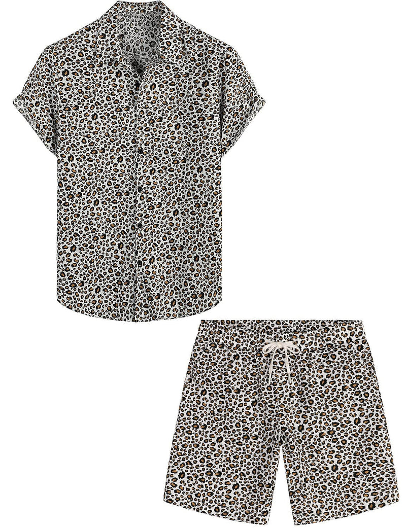 Men's Leopard Print Summer Casual Hawaiian Beach Matching Shirt and Shorts Set