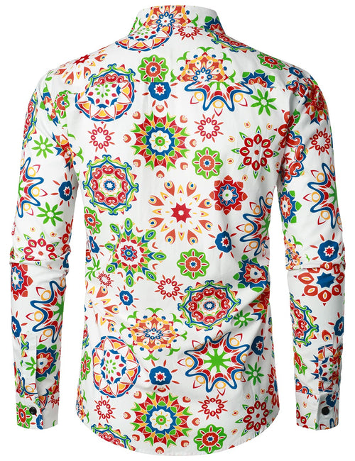 Men's Floral Cotton Breathable White Flower Button Up Long Sleeve Dress Shirt