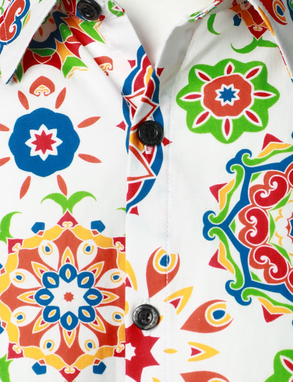 Men's Floral Cotton Breathable White Flower Button Up Long Sleeve Dres ...