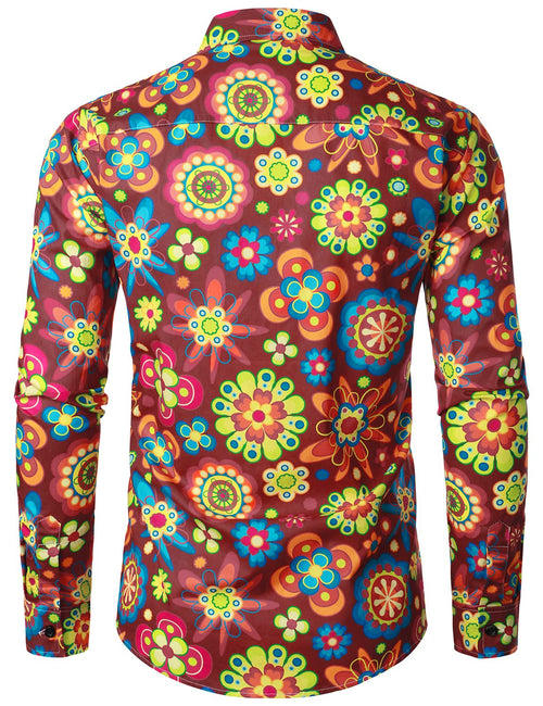 Men's Floral Cotton Party Flower Disco Button Up Long Sleeve Shirt