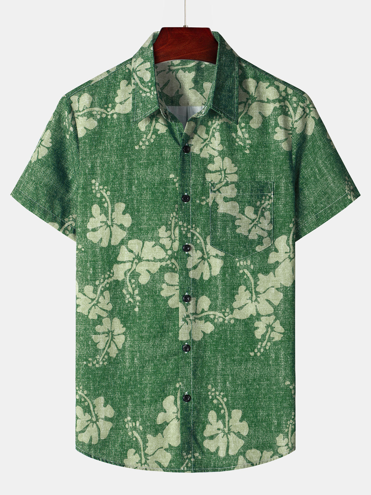 Men's Floral Hawaiian Pocket Green Button Up Short Sleeve Shirt