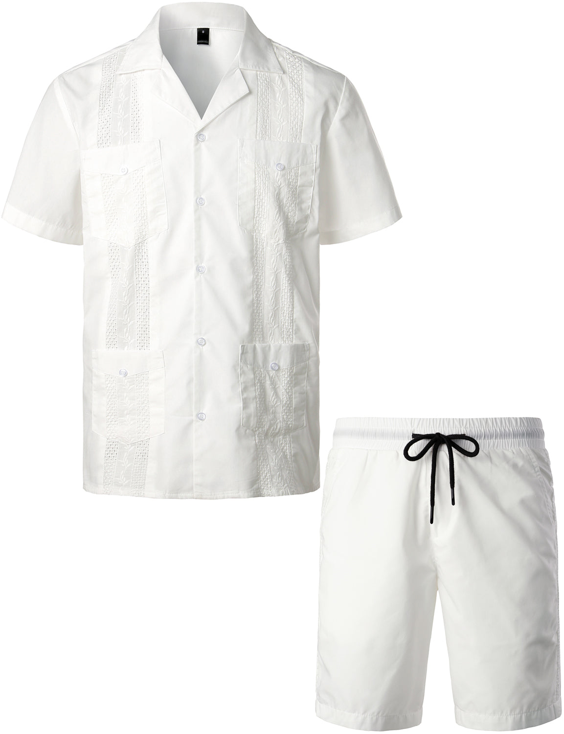Men's Plus Size Short Sleeve Button Down Cuban Guayabera Matching Shirt and Shorts Set