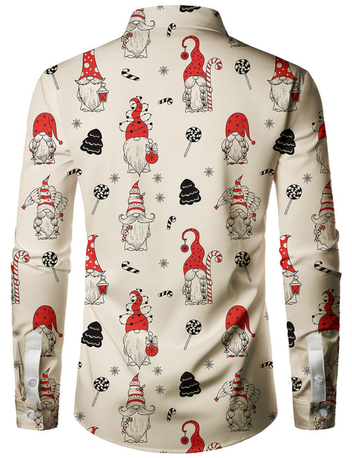 Men's Cute Gnome Christmas Button Up Xmas Day Holiday Long Sleeve Shirt