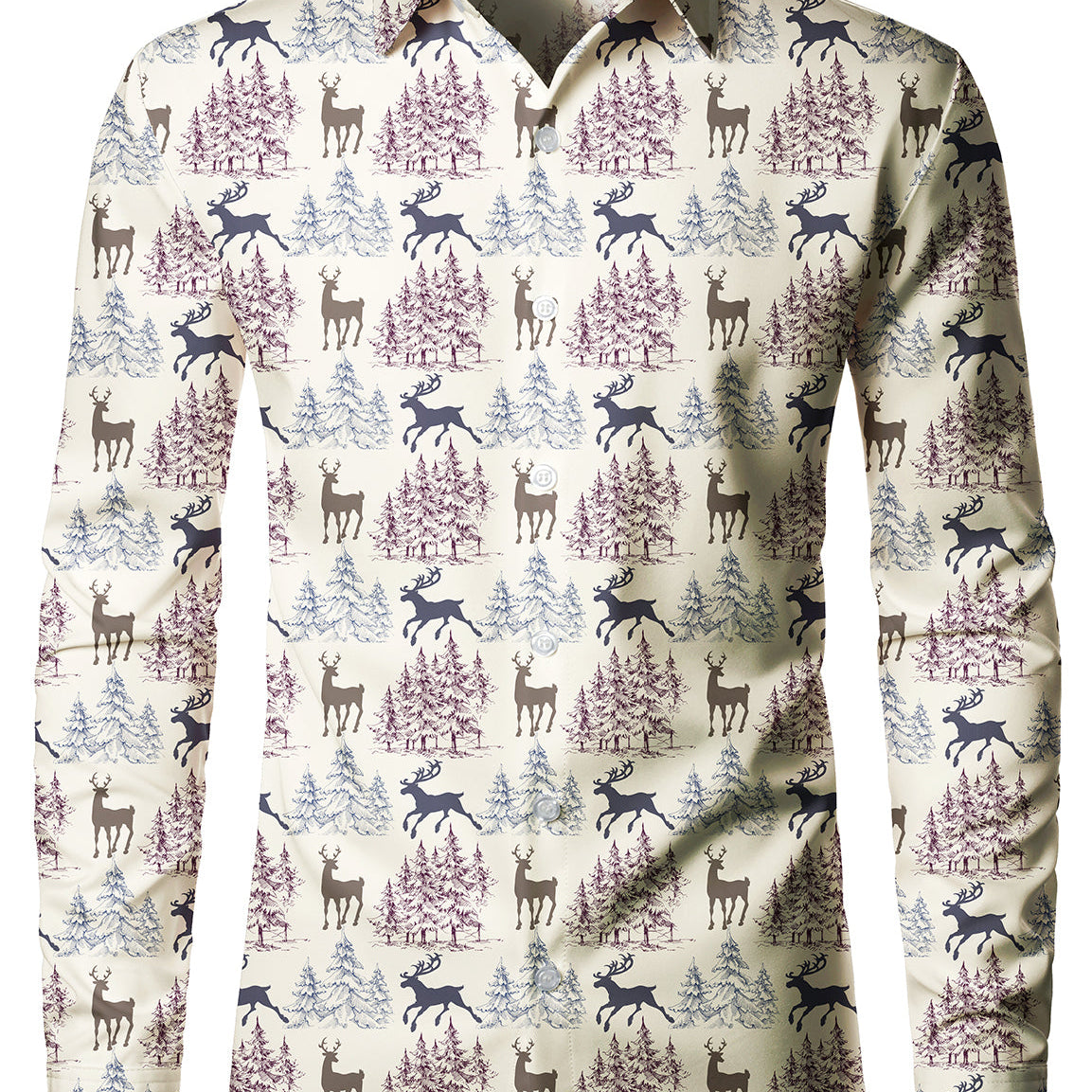 Men's Christmas Elk Print Holiday Party Button Up Long Sleeve Shirt