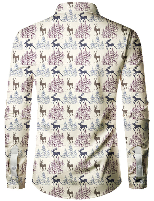 Men's Christmas Elk Print Holiday Party Button Up Long Sleeve Shirt