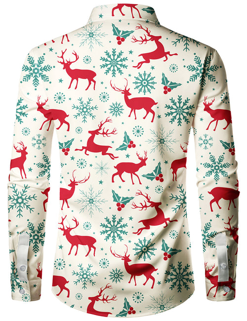 Men's Christmas Elk Print Snowflake Xmas Holiday Button Up Long Sleeve Shirt