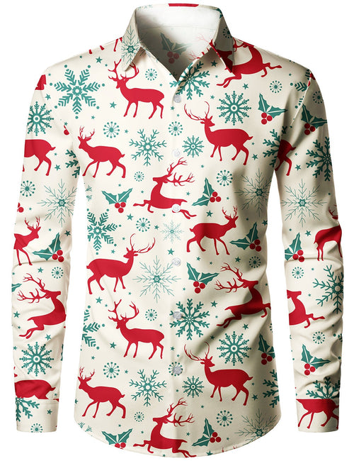 Bundle Of 3|Men's Christmas Print Regular Fit Long Sleeve Shirts