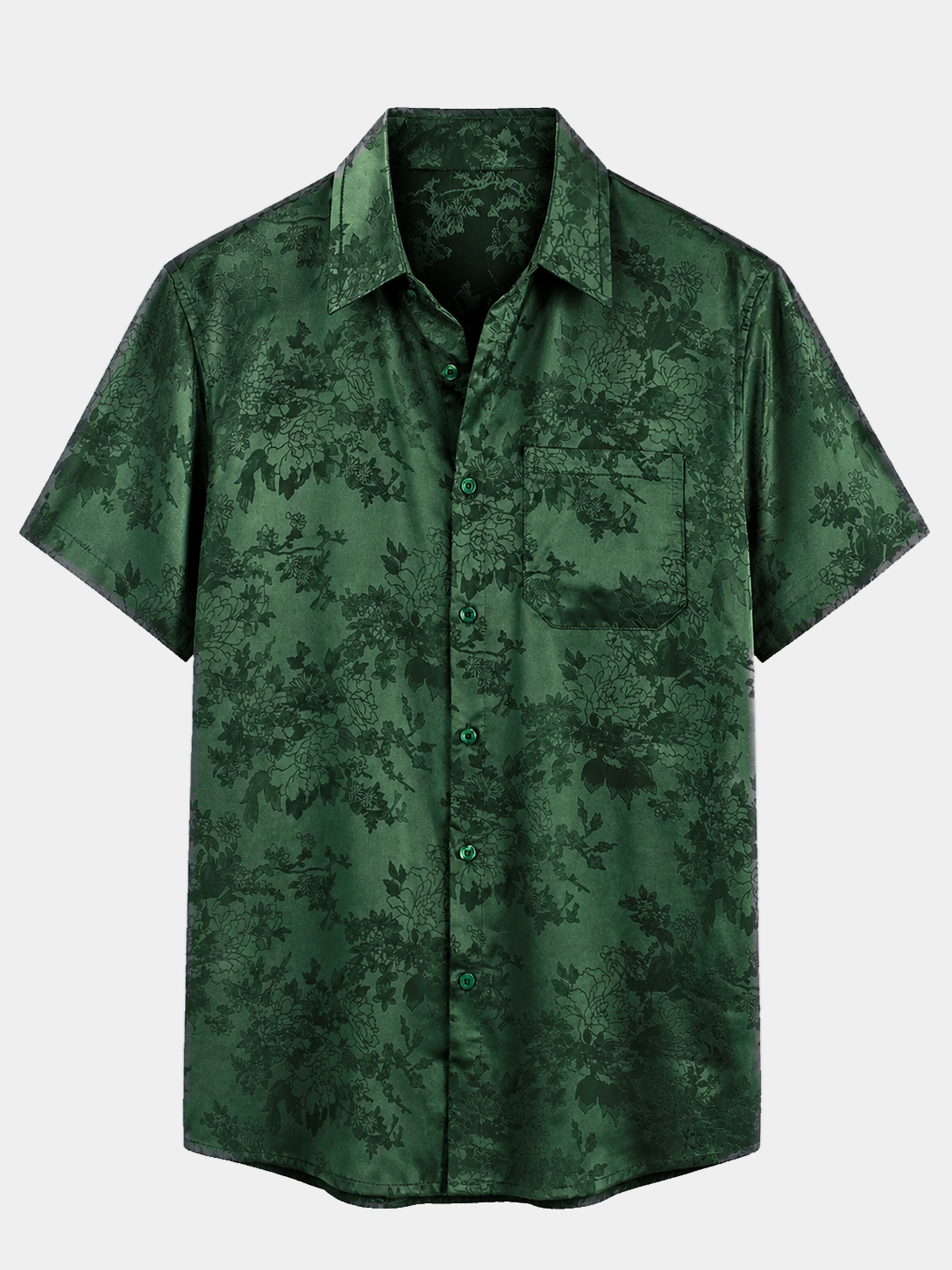 Men's Jacquard Pocket Silky Satin Floral Short Sleeve Shirt
