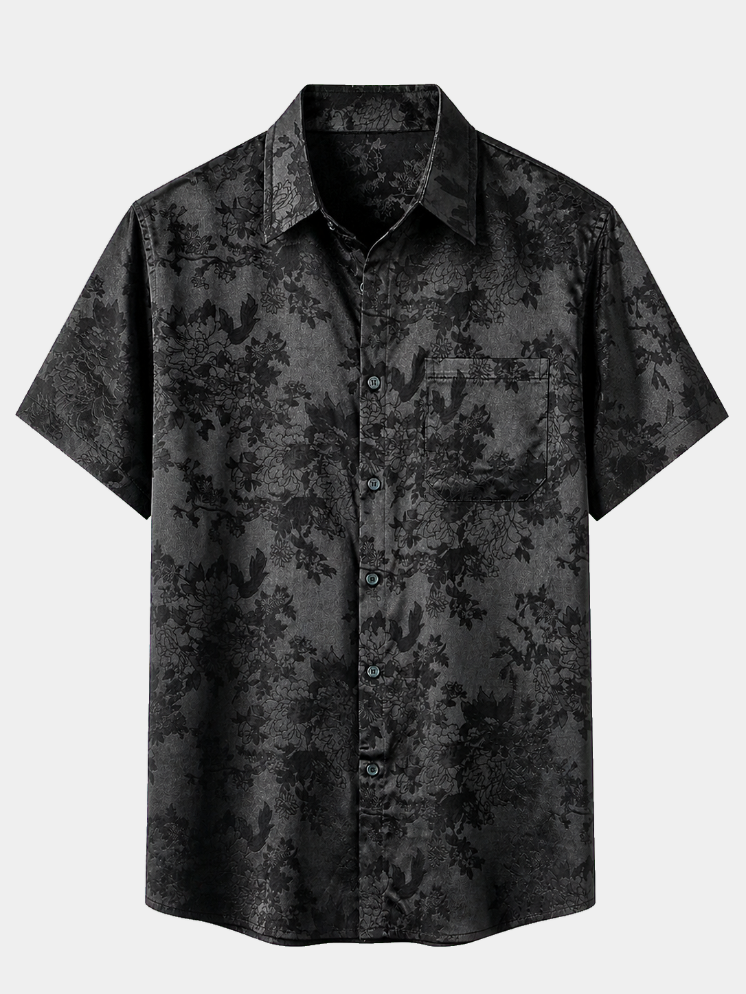 Men's Casual Jacquard Silky Satin Floral Pocket Short Sleeve Shirt