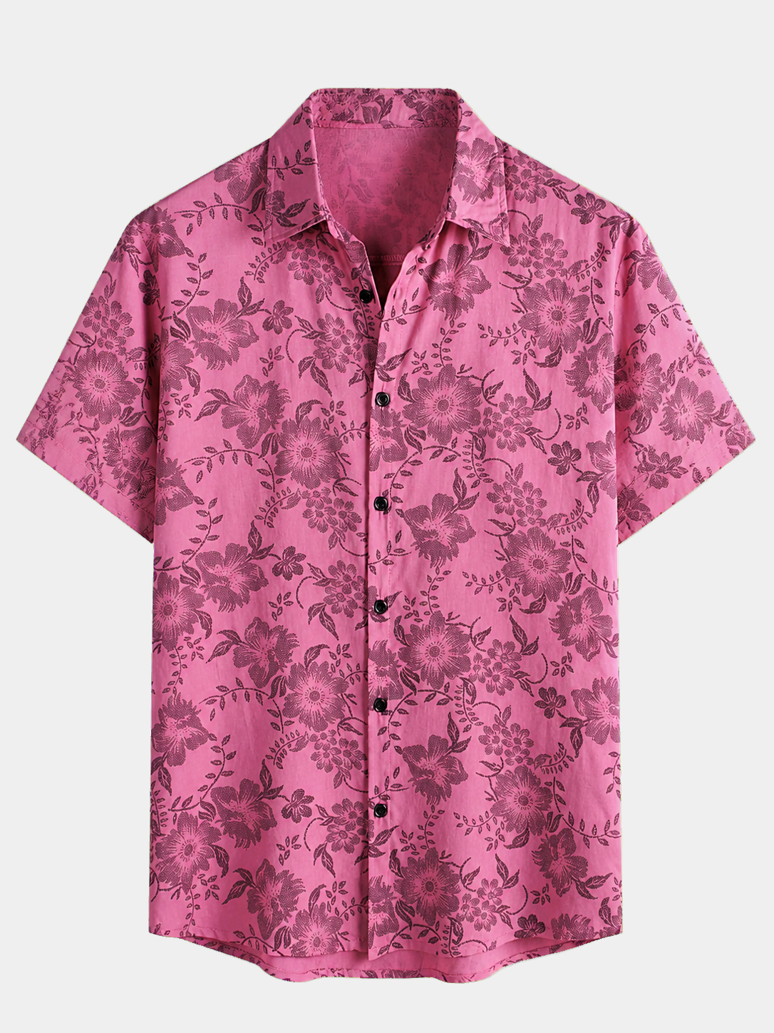 Men's Pink Floral Print Vintage Holiday Breathable Button Up Hawaiian Short Sleeve Shirt