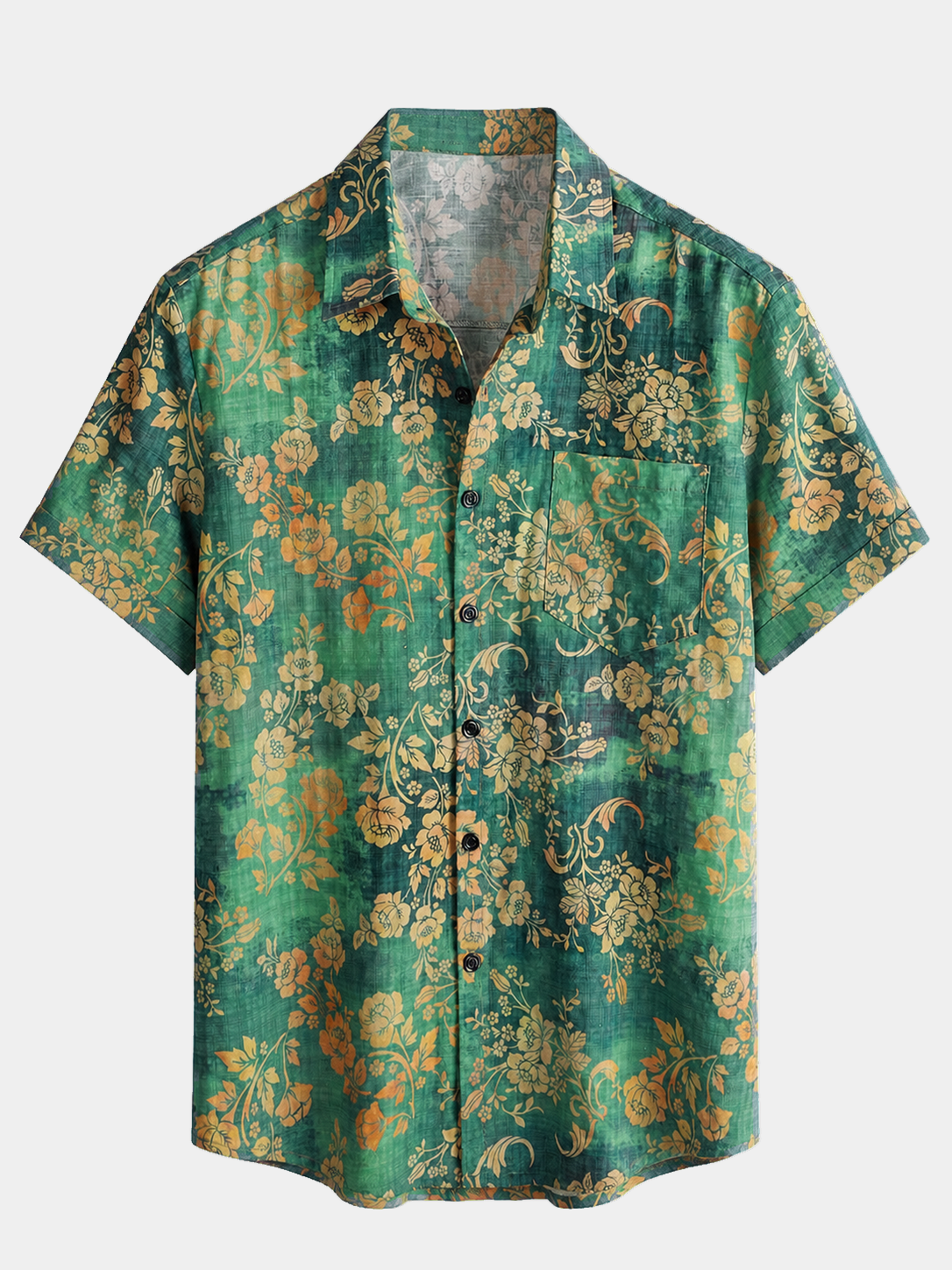Men's Green Floral Print Pocket Short Sleeve Shirt
