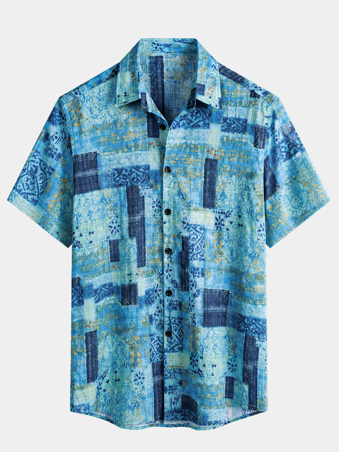 Men's Patchwork Print Breathable Cotton Short Sleeve Button Down Shirt