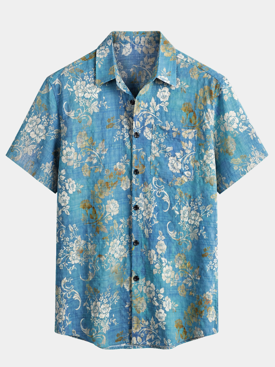 Men's Blue Floral Print Pocket Short Sleeve Shirt
