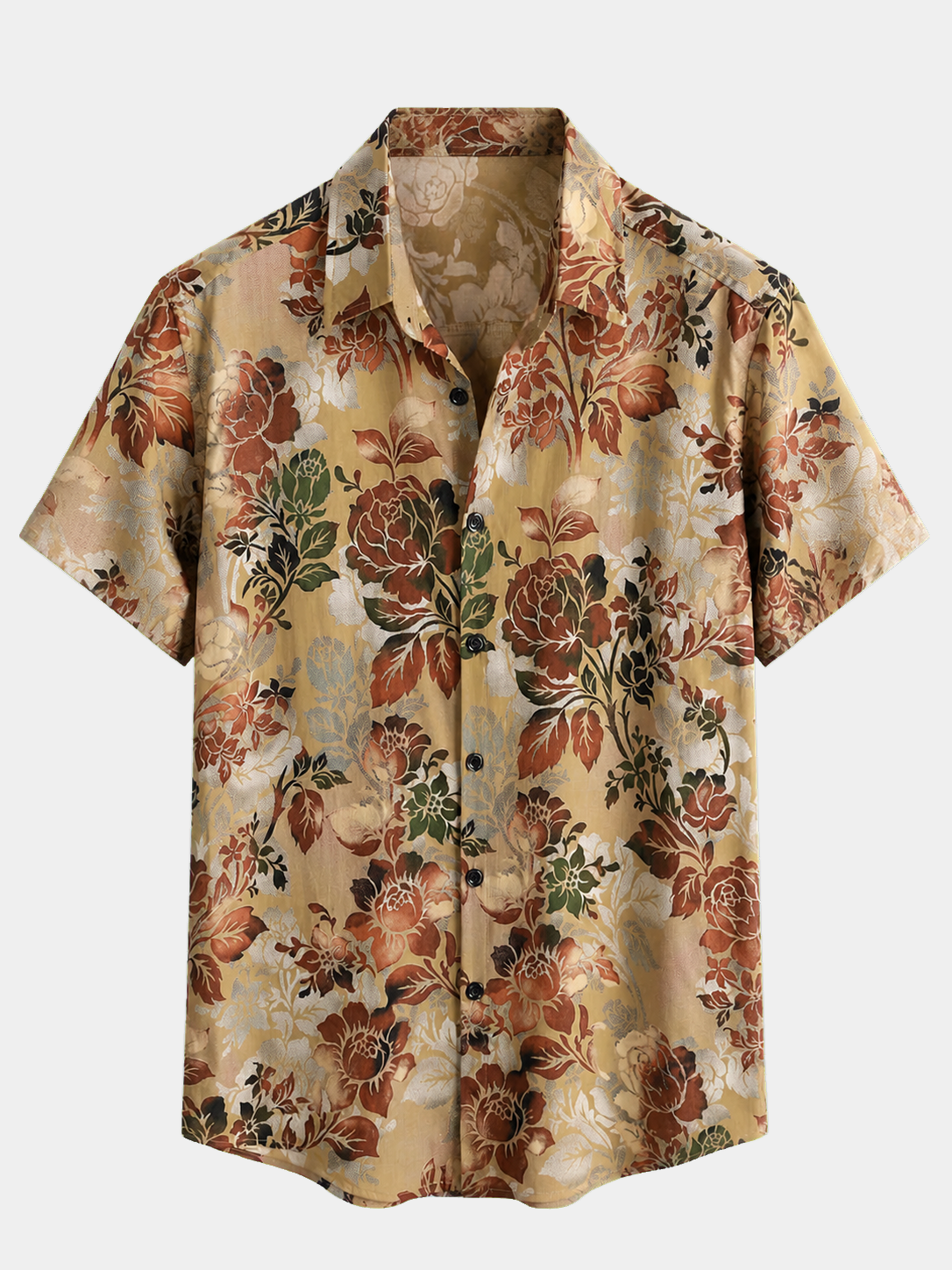 Men's Rayon Rose Print Vintage Casual Short Sleeve Shirt