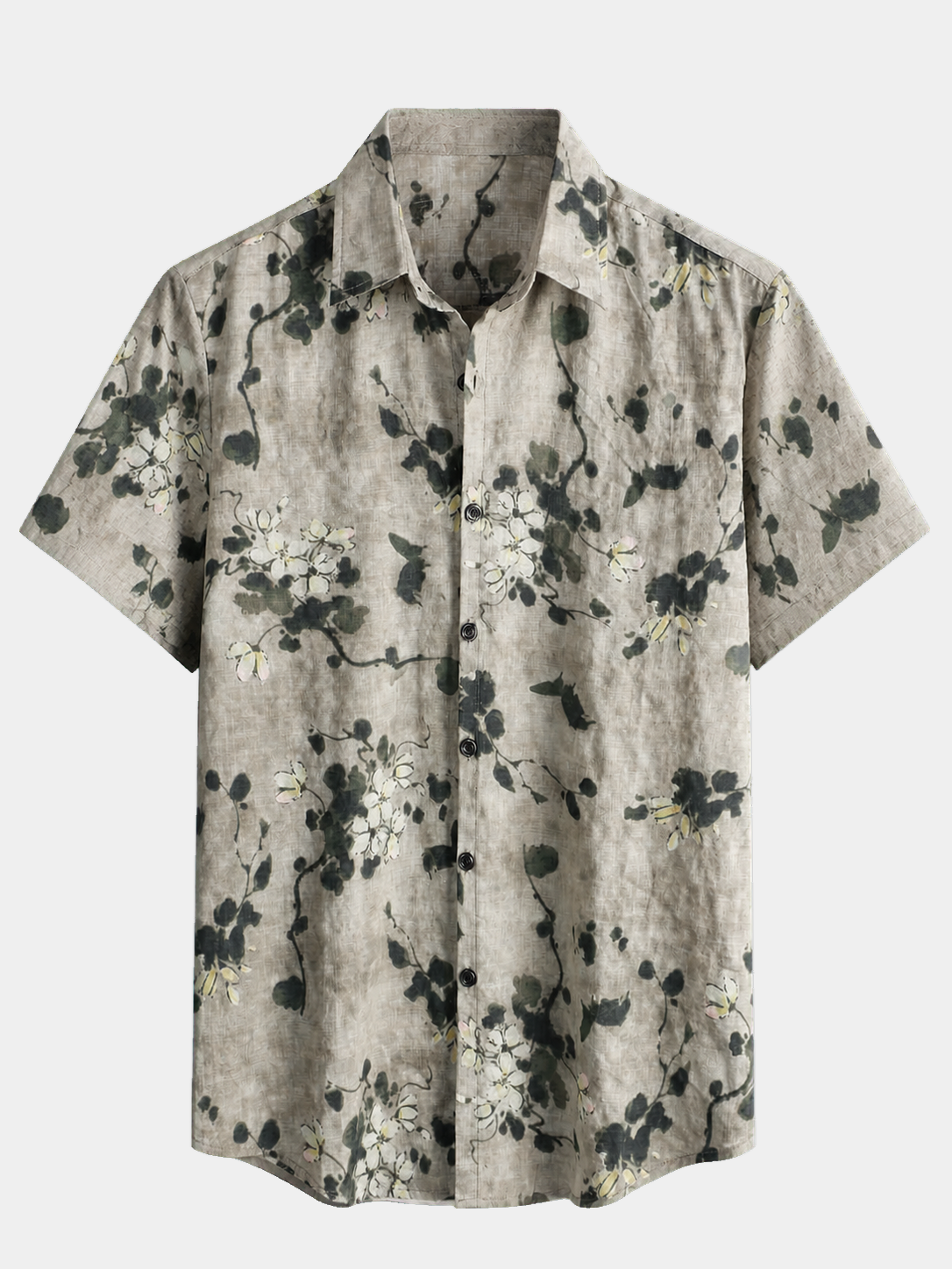 Men's Vintage Floral Cotton Breathable Short Sleeve Grey Button Up Shirt