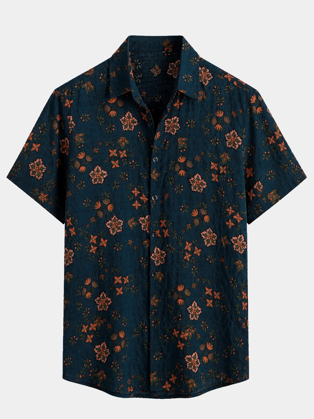 Men's Summer Floral Navy Blue Button Up Short Sleeve Cotton Shirt