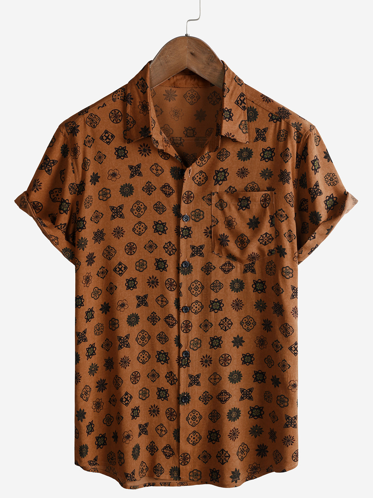Men’s Vintage Orange Geometric Casual Breathable Short Sleeve Shirt