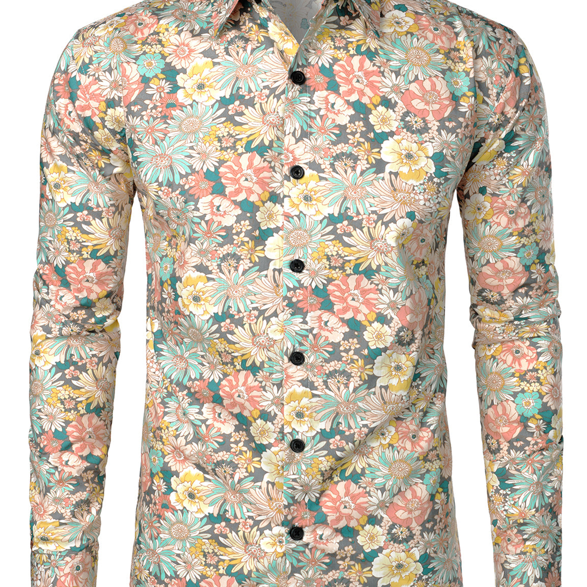 Men's Grey Cotton Floral Print Long Sleeve Shirt