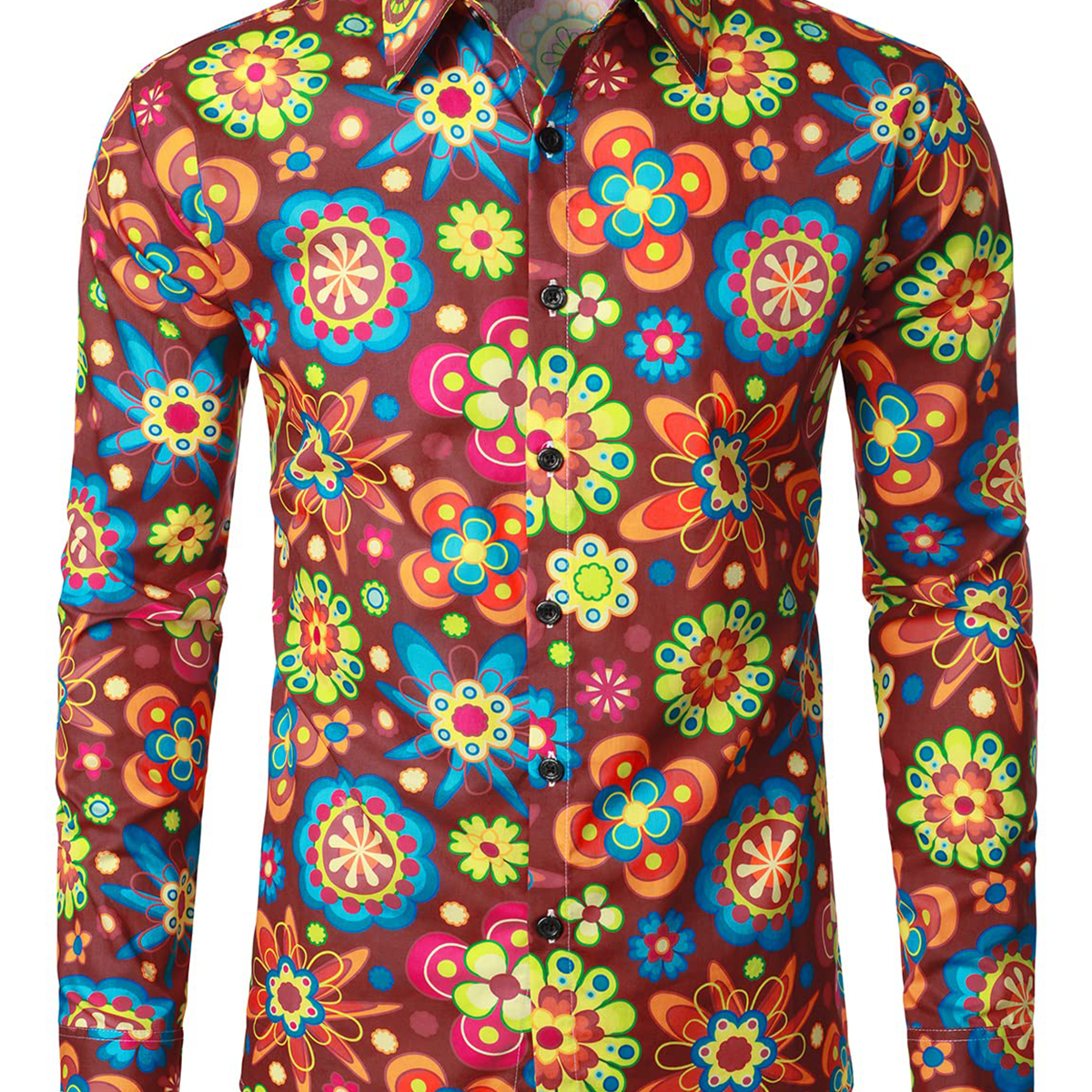 Men's Floral Cotton Party Flower Disco Button Up Long Sleeve Shirt