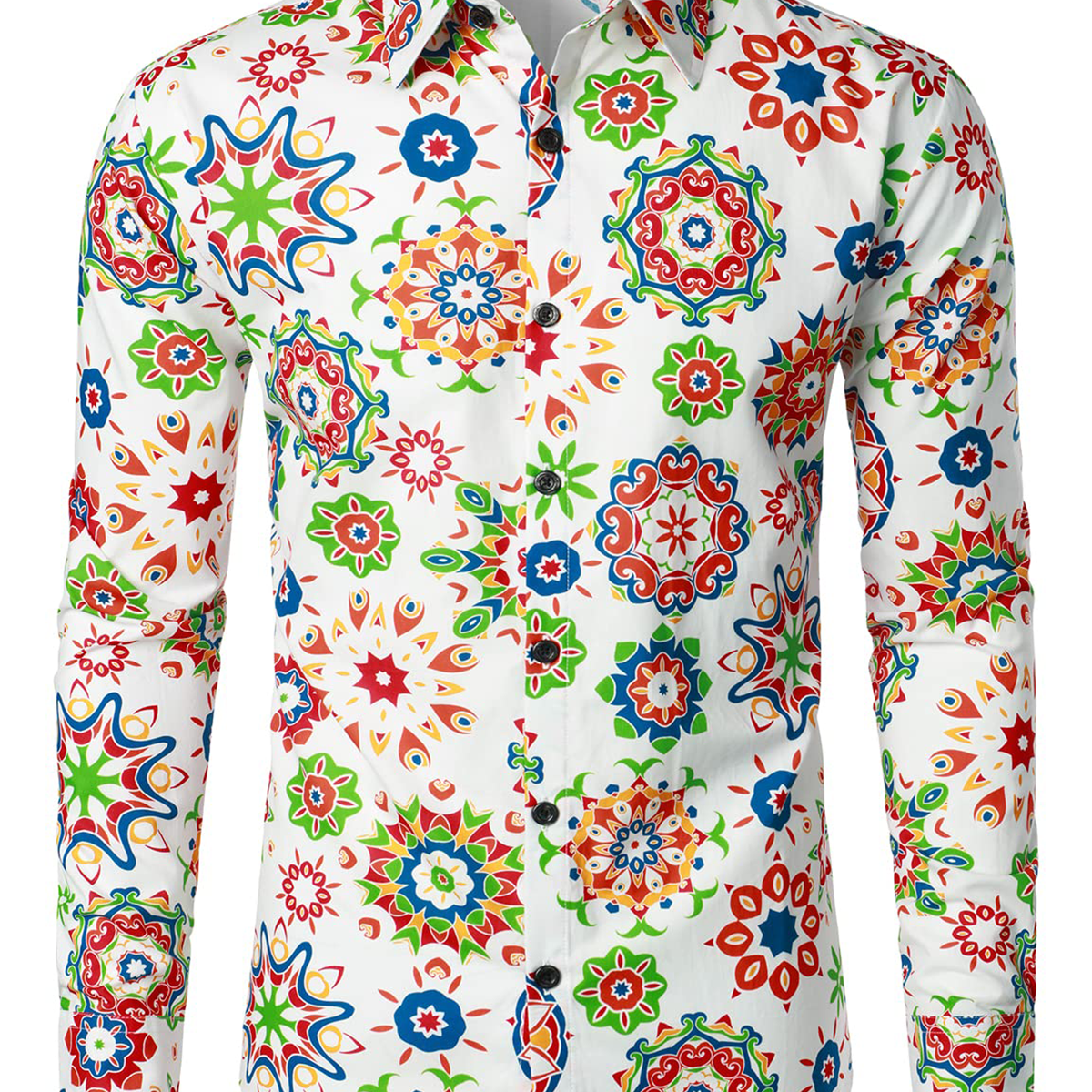 Men's Floral Cotton Breathable White Flower Button Up Long Sleeve Dress Shirt