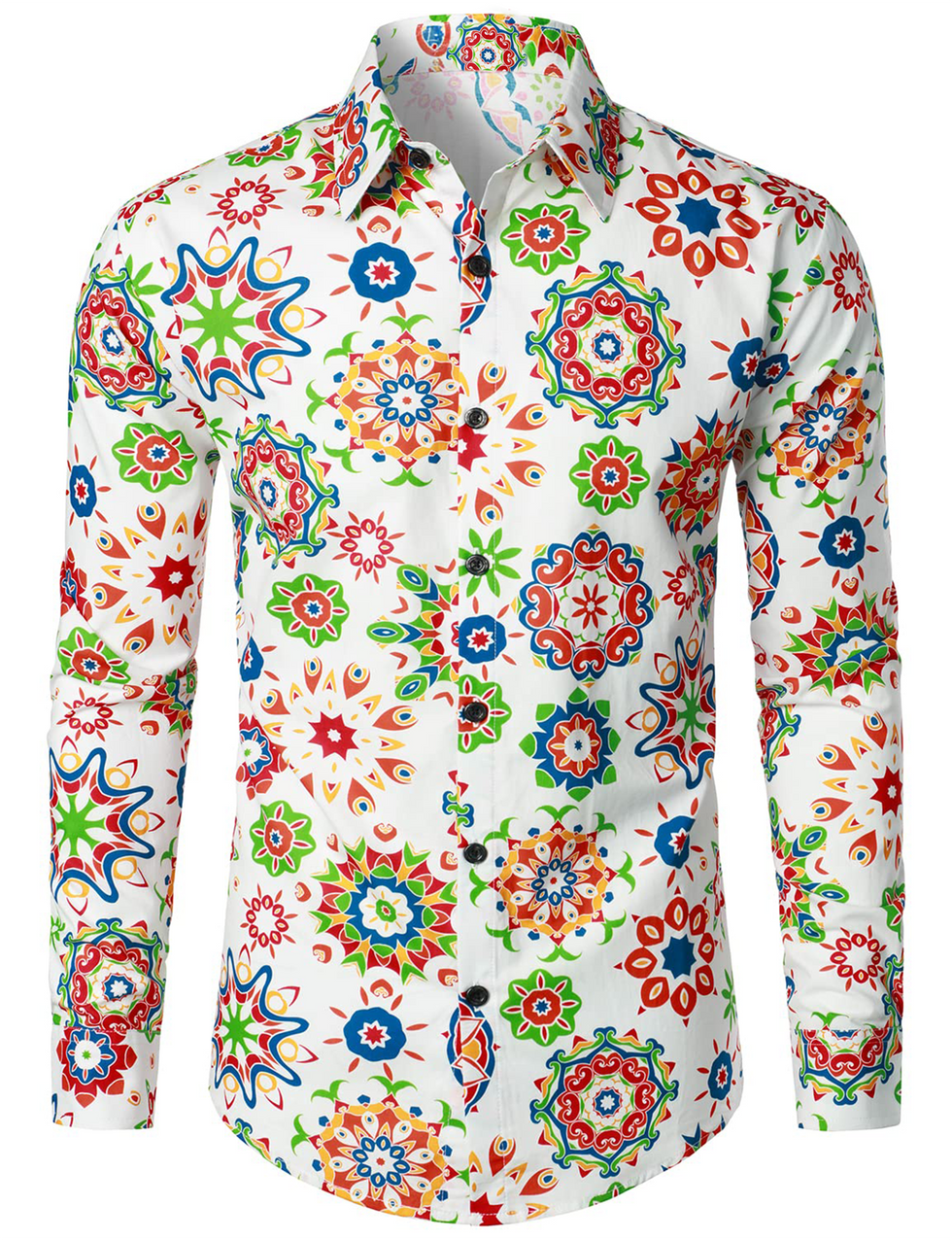 Men's Floral Cotton Breathable White Flower Button Up Long Sleeve Dres ...
