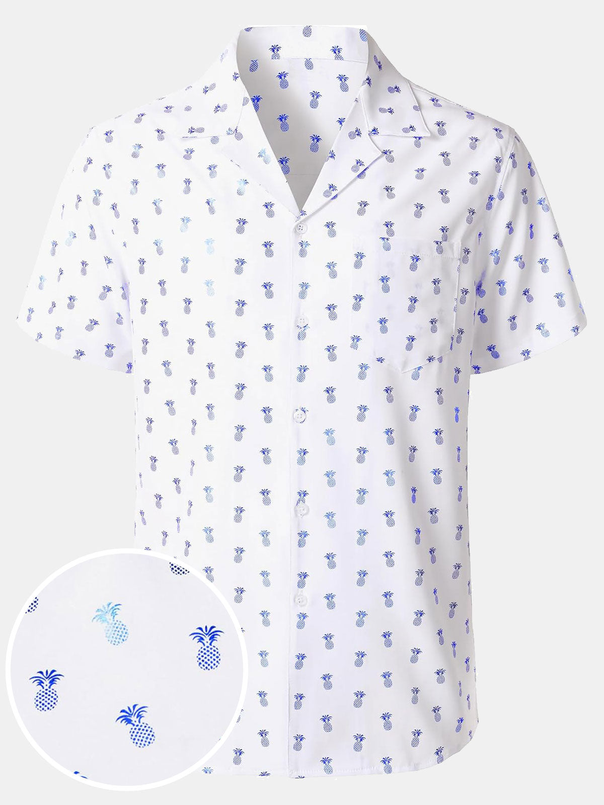 Men's Blue Pineapple Print Cuban Collar Short Sleeve Shirt