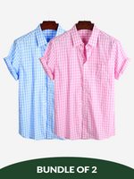 Bundle Of 2 | Men's Casual Solid Color Plaid Cotton Pocket Shirts