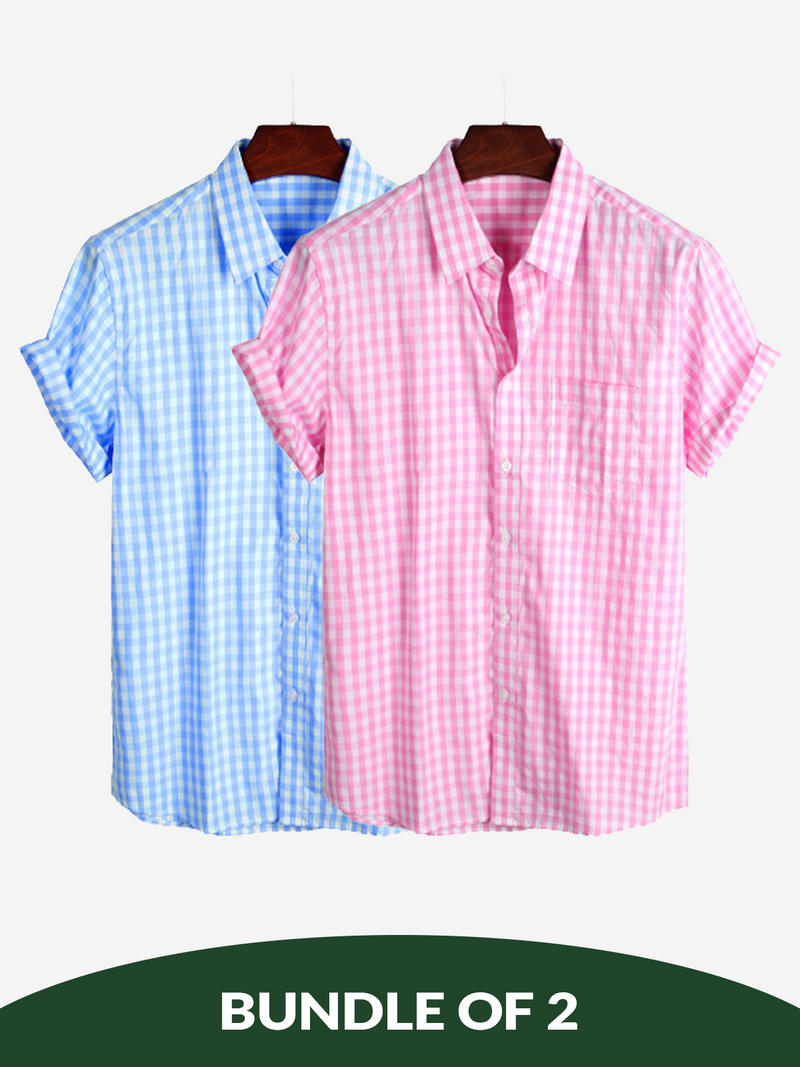 Bundle Of 2 | Men's Casual Solid Color Plaid Cotton Pocket Shirts