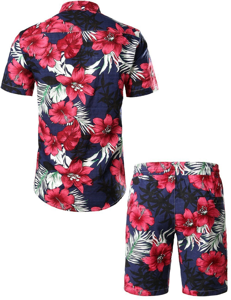 Men's Flower Casual Button Down Hawaiian Shirts&Shorts