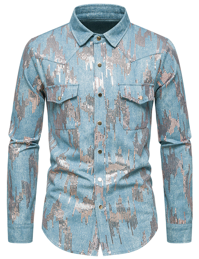 Men's Sequins Shine Double Pocket Party Long Sleeve Shirt Jacket