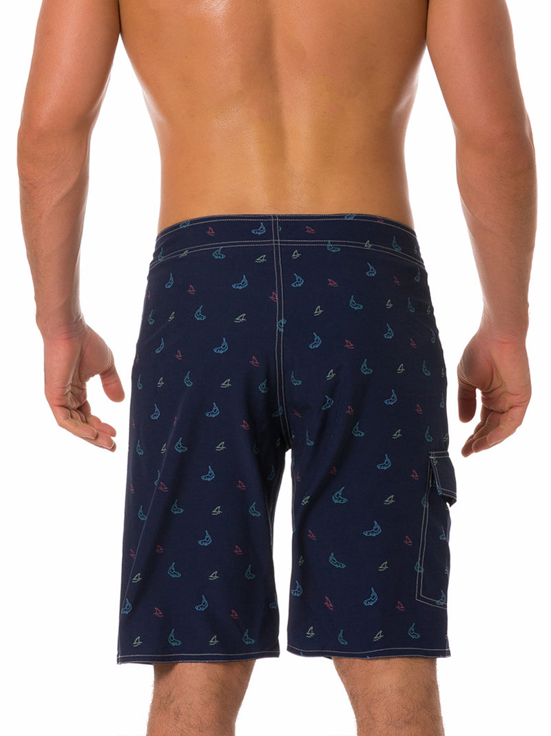 Men's Whale Print Navy Blue Casual Flat Waist Hawaiian Shorts Summer Beach Boardshorts