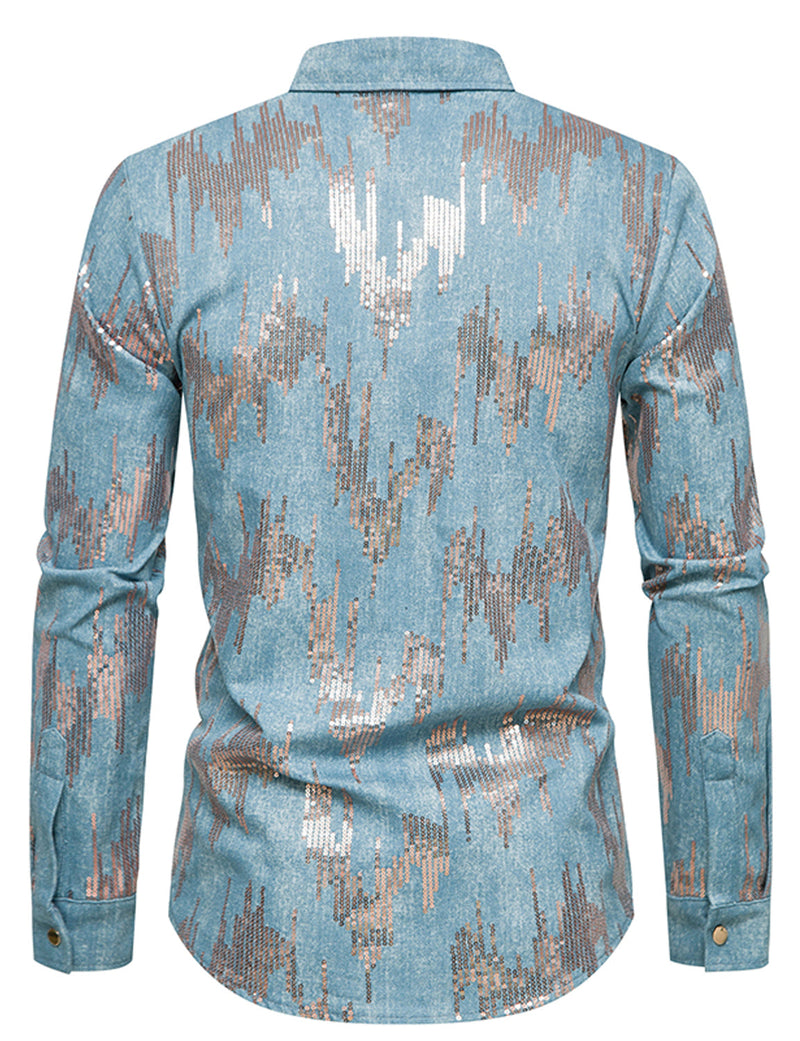 Men's Sequins Shine Double Pocket Party Long Sleeve Shirt Jacket