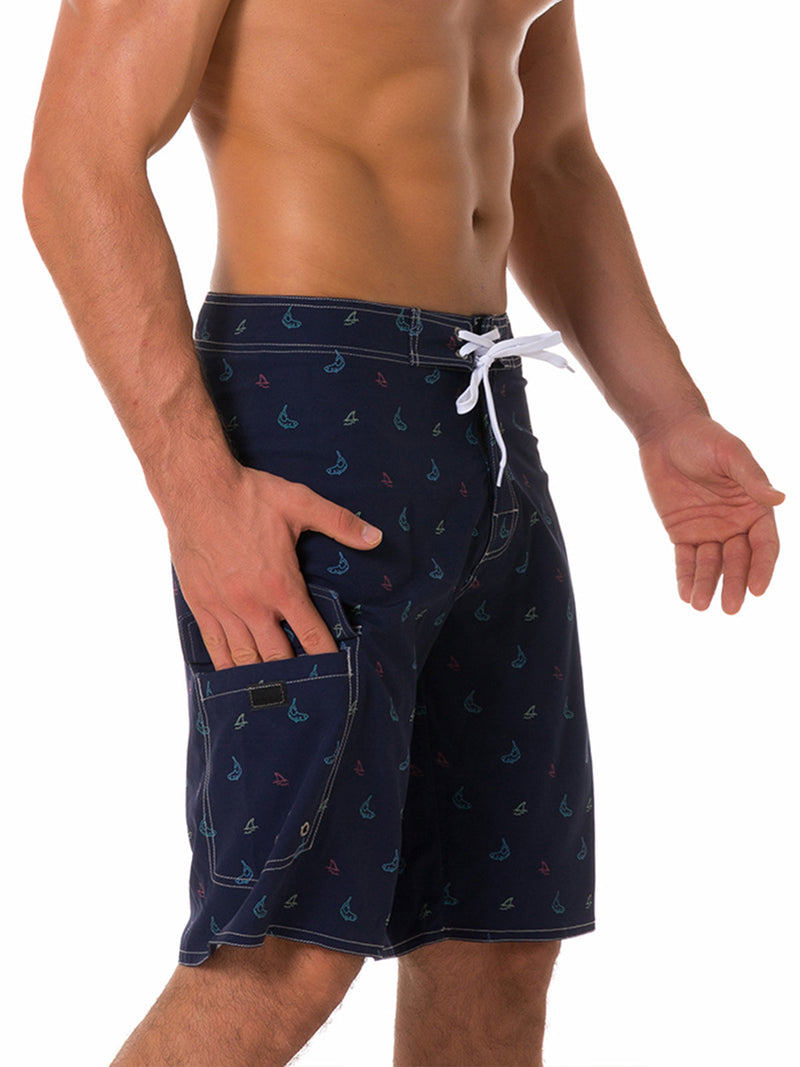 Men's Whale Print Navy Blue Casual Flat Waist Hawaiian Shorts Summer Beach Boardshorts