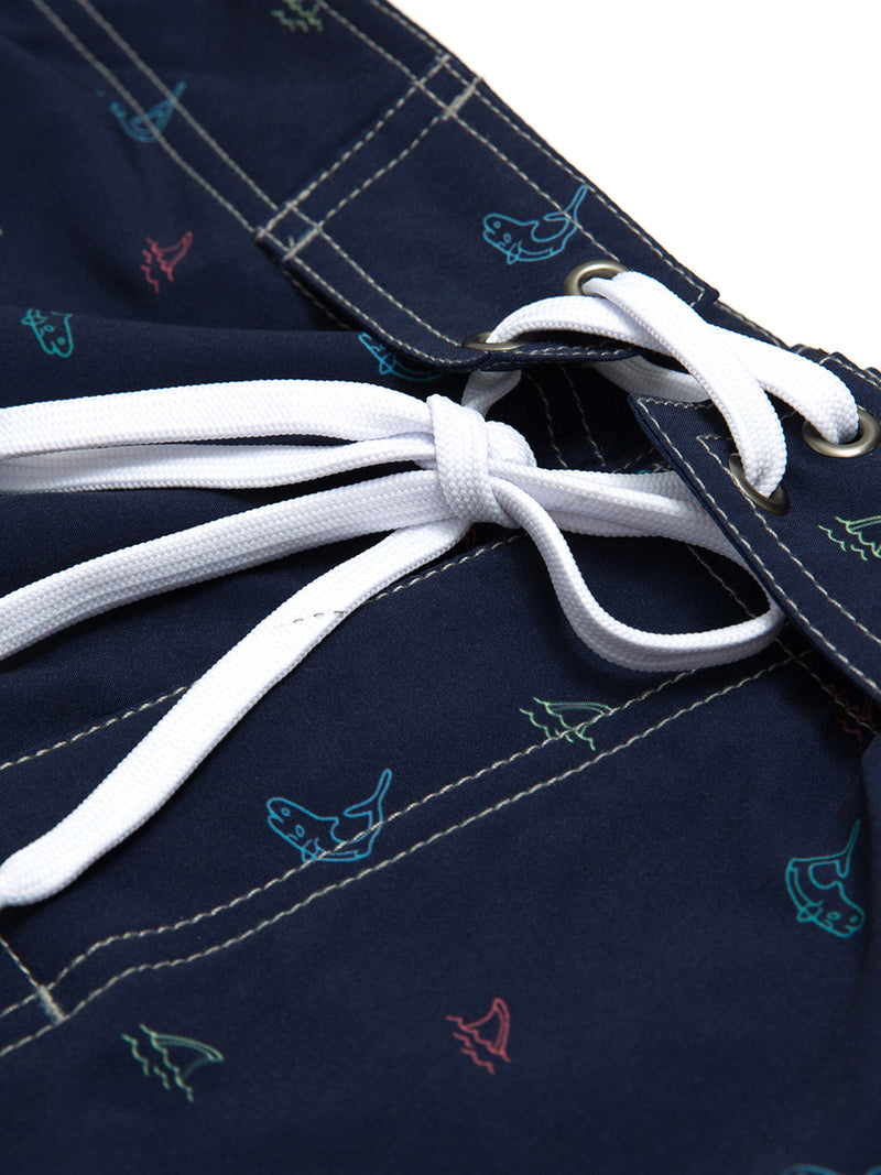 Men's Whale Print Navy Blue Casual Flat Waist Hawaiian Shorts Summer Beach Boardshorts