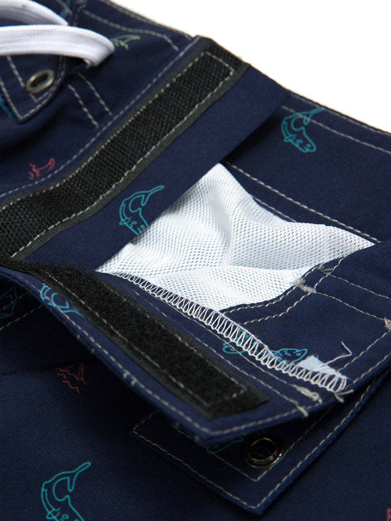 Men's Whale Print Navy Blue Casual Flat Waist Hawaiian Shorts Summer Beach Boardshorts