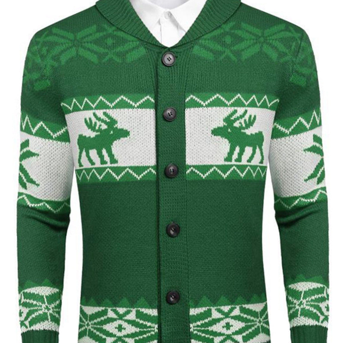 Men's Christmas Elk Reindeer Print Button Up Long Sleeve Lapel Cardigan Sweater