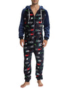 Men's Christmas Gnome Print Flannel Hooded Zipper Pocket Onesies Xmas Pajamas Loungewear