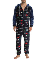 Men's Christmas Gnome Print Flannel Hooded Zipper Pocket Onesies Xmas Pajamas Loungewear