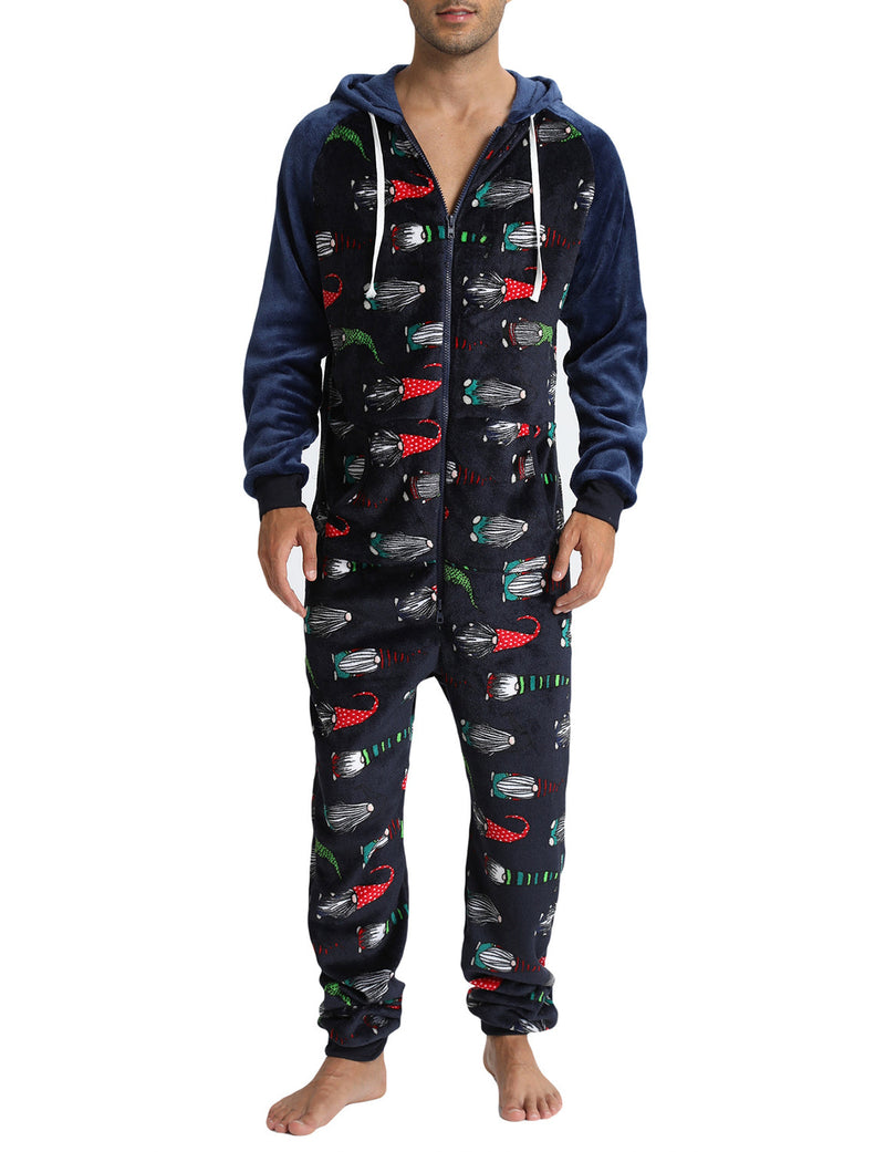 Men's Christmas Gnome Print Flannel Hooded Zipper Pocket Onesies Xmas Pajamas Loungewear