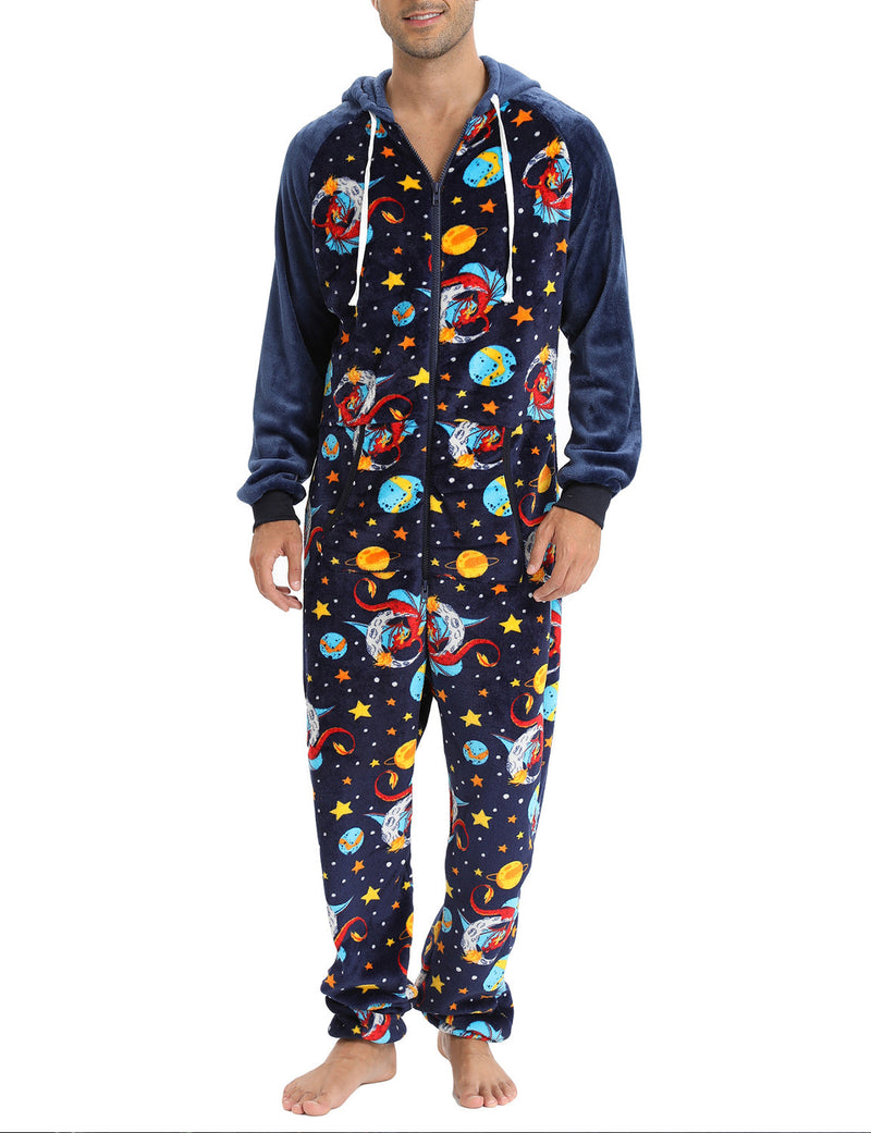 Men’s Flannel Starry Sky Holiday Print Hooded Zipper Pocket Onesies Pajamas Loungewear