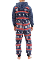 Men’s Christmas Elk And Snowflake Print Flannel Hooded Zipper Pocket Onesies Pajamas Loungewear