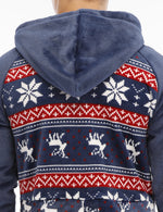 Men’s Christmas Elk And Snowflake Print Flannel Hooded Zipper Pocket Onesies Pajamas Loungewear