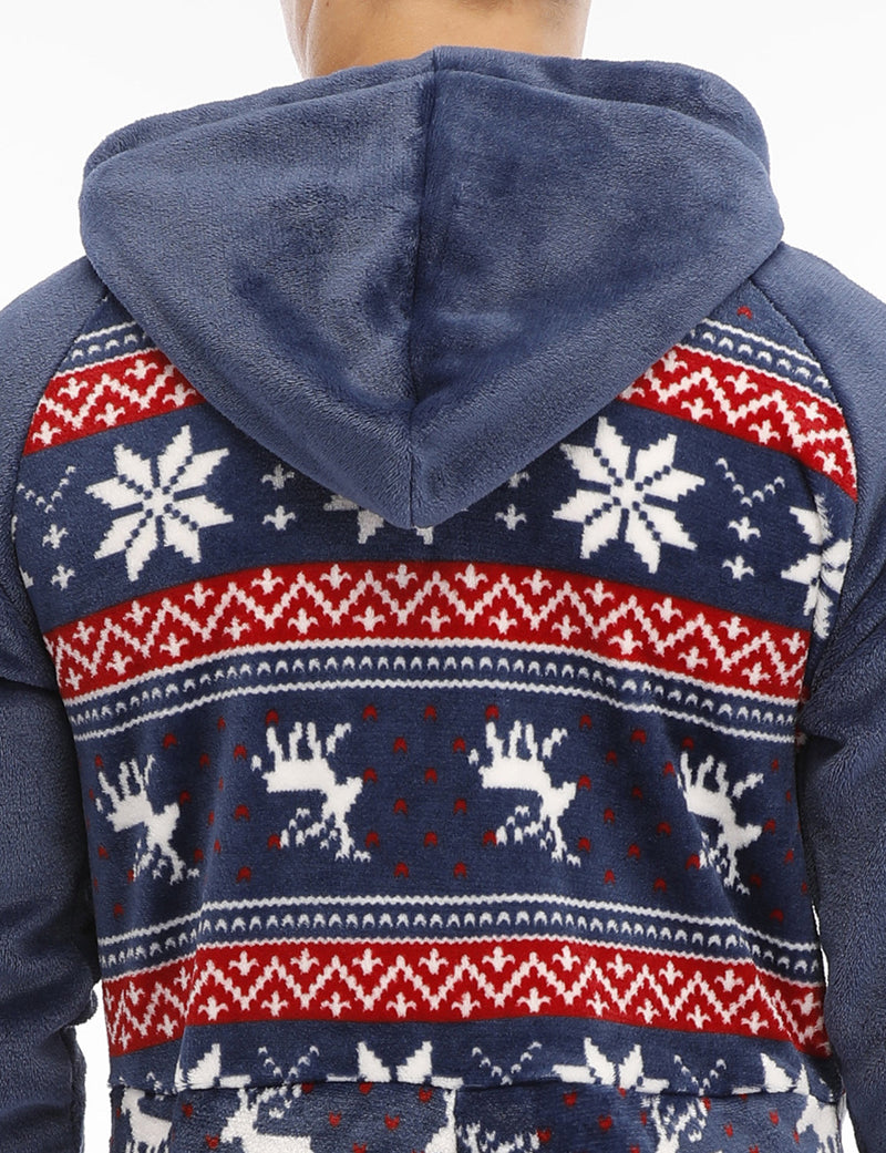 Men’s Christmas Elk And Snowflake Print Flannel Hooded Zipper Pocket Onesies Pajamas Loungewear